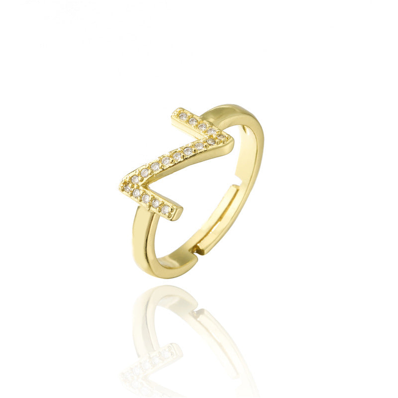 Fashion 18K Gold Plated Brass Micro-inlay Letter Ring Adjustable Open Band for Women