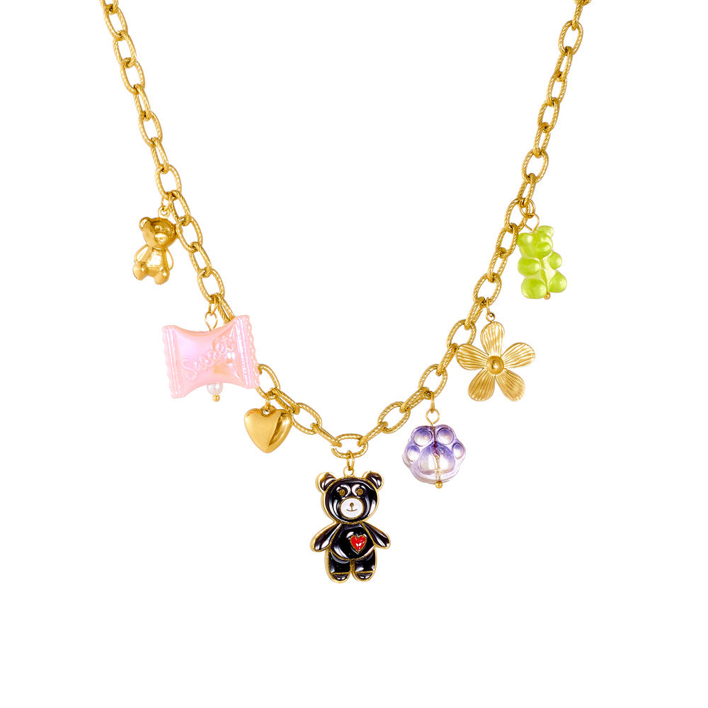 Casual Cartoon Floral Heart Animal Drip Oil Gold Plated Stainless Steel Pendant Necklace with Cable Chain