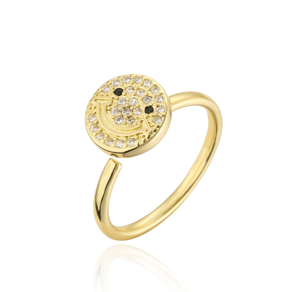 Rotatable Smiley Face Open Ring Geometric Brass Gold Plated Cubic Zirconia Inlay Women