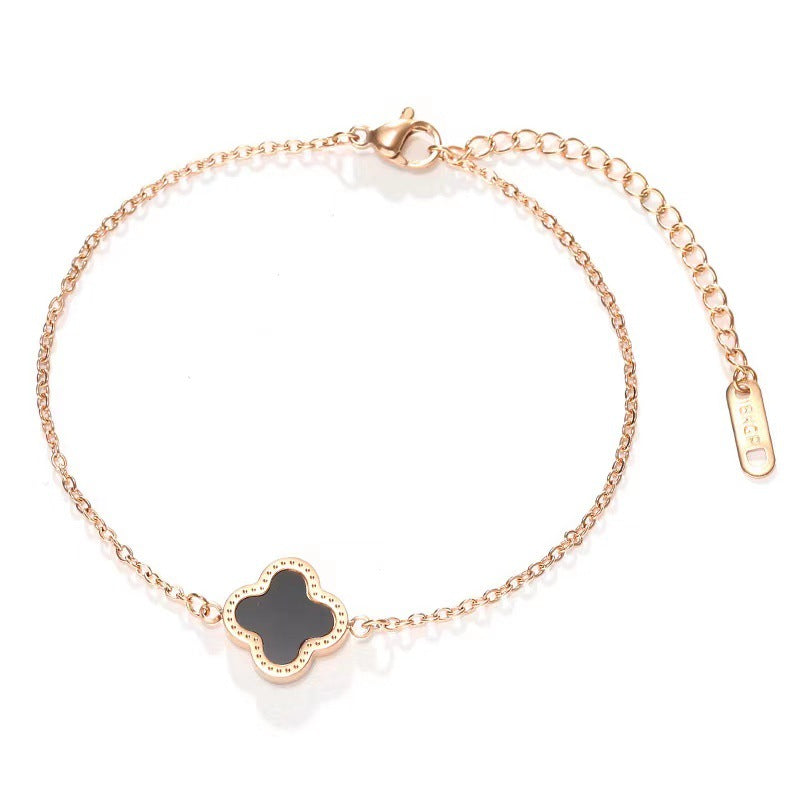 Cartoon Style Four-Leaf Clover Bracelet for Women in Titanium Steel with 18K Rose Gold Plating