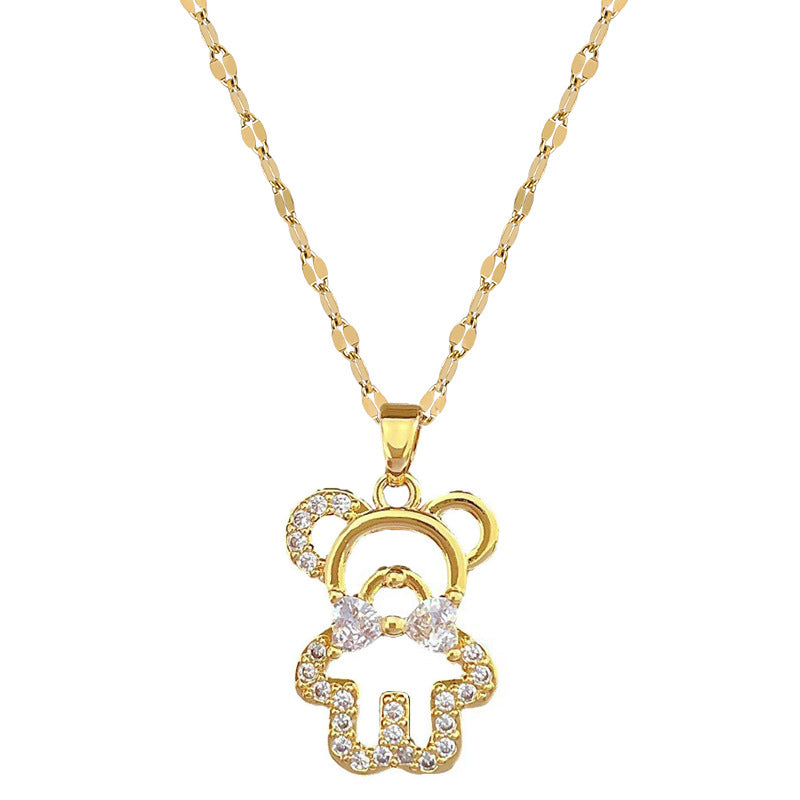 Collana con ciondolo a orso geometrico in acciaio al titanio di lusso con dettagli in strass da donna, catena clavicola delicata