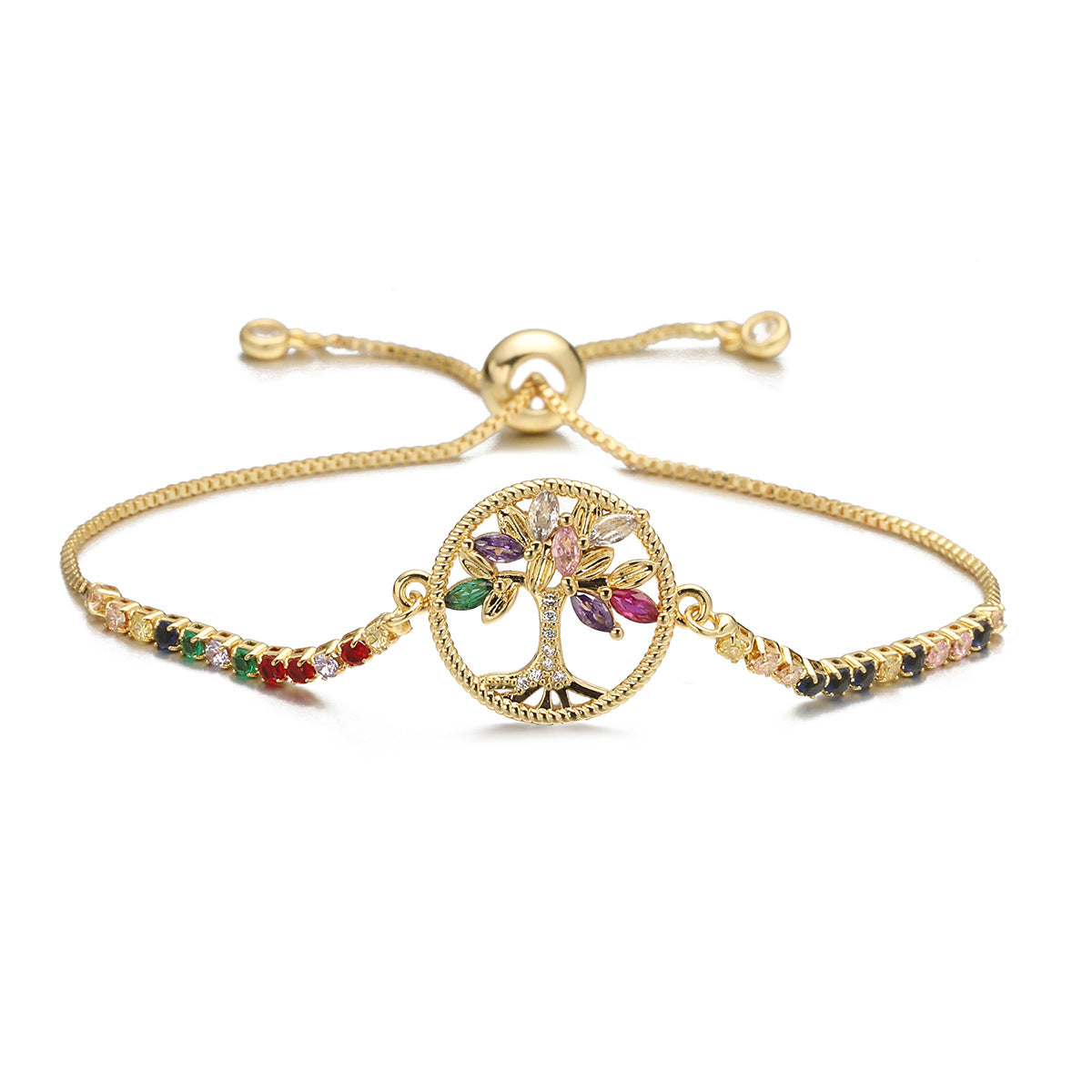 Fashionable Minimalist Life Tree Geometric Bracelet for Women in Copper with 18K Gold Plating and Color Zircon Inlay