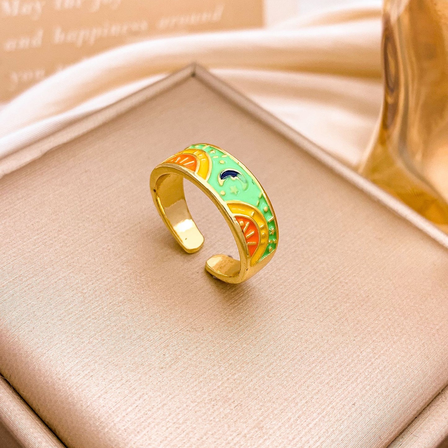 Sweet Minimalist Gold Plated Alloy Ring with Star Moon and Floral Design for Women