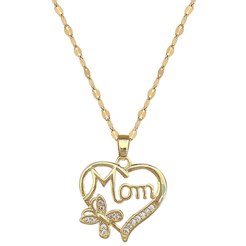 Minimalist Heart and Butterfly Pendant Necklace in Titanium Steel with Rhinestone Inlay for Women and Unisex Wear