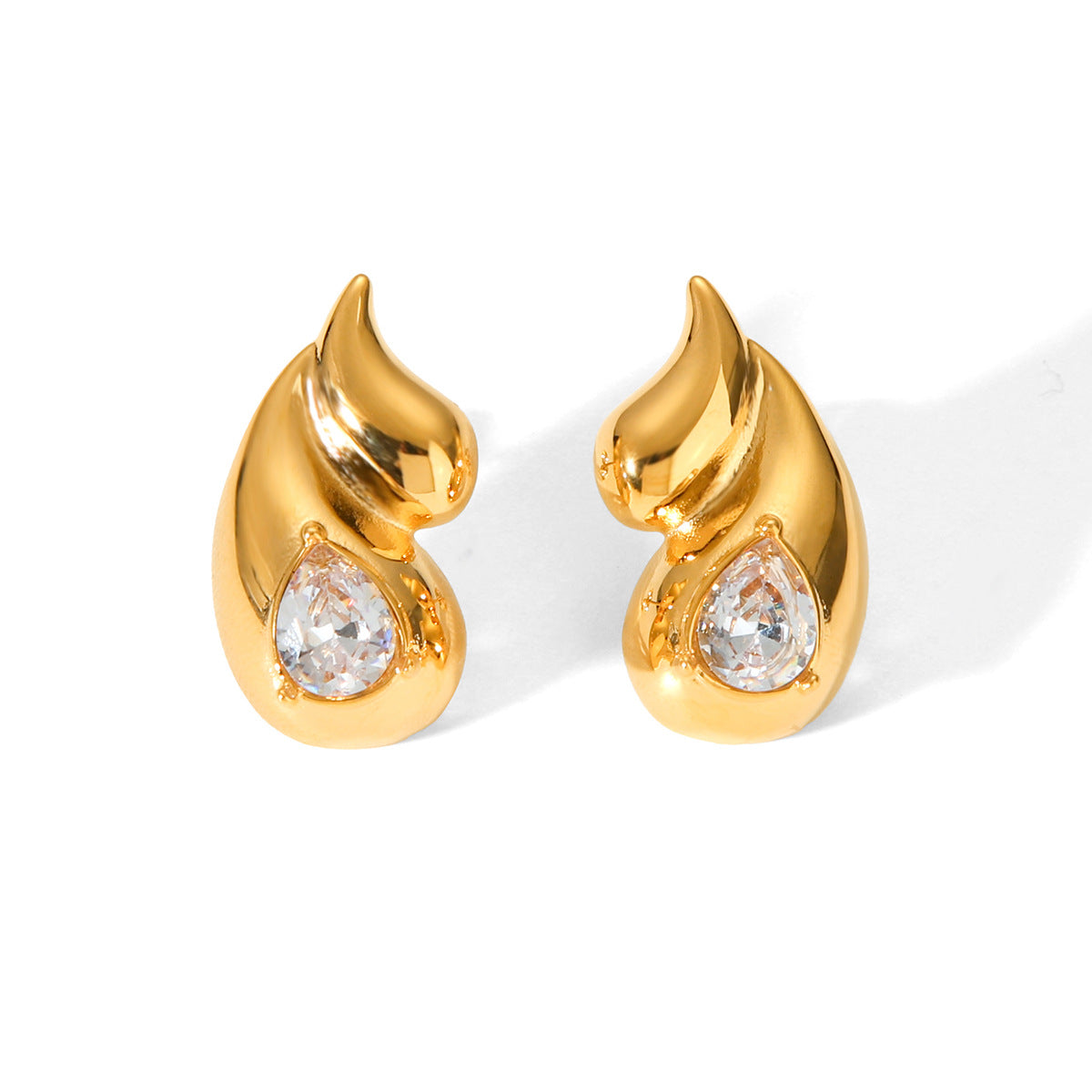 Minimalist Double Teardrop Stainless Steel Earrings for Women with Plated Finish and Rhinestone Inlay