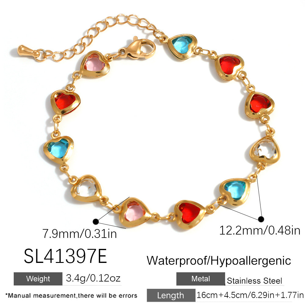 Elegante bracciale da donna in acciaio inossidabile placcato oro 18 carati a forma di cuore con intarsio di cristalli colorati
