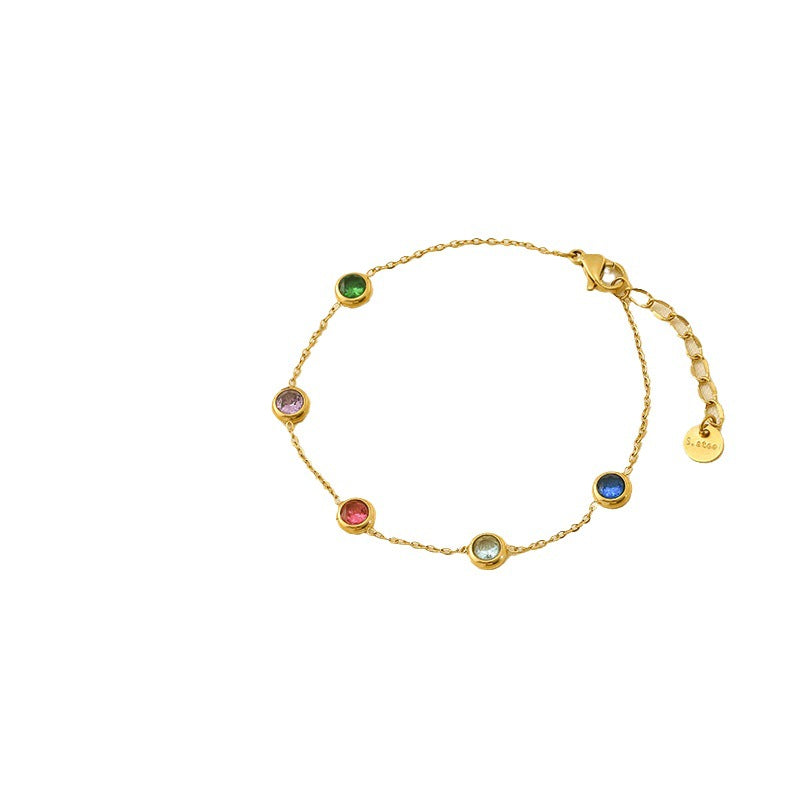 Fashionable Vintage Minimalist Geometric Rhinestone-Set 18K Gold-Plated Titanium Steel Colorful Bracelet for Women