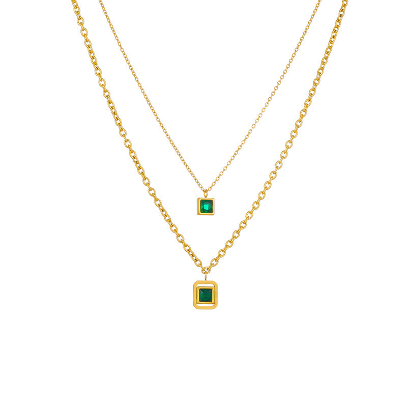 Vintage Minimalist Square Rhinestone-Embellished Titanium Steel Gold-Plated Necklace for Women
