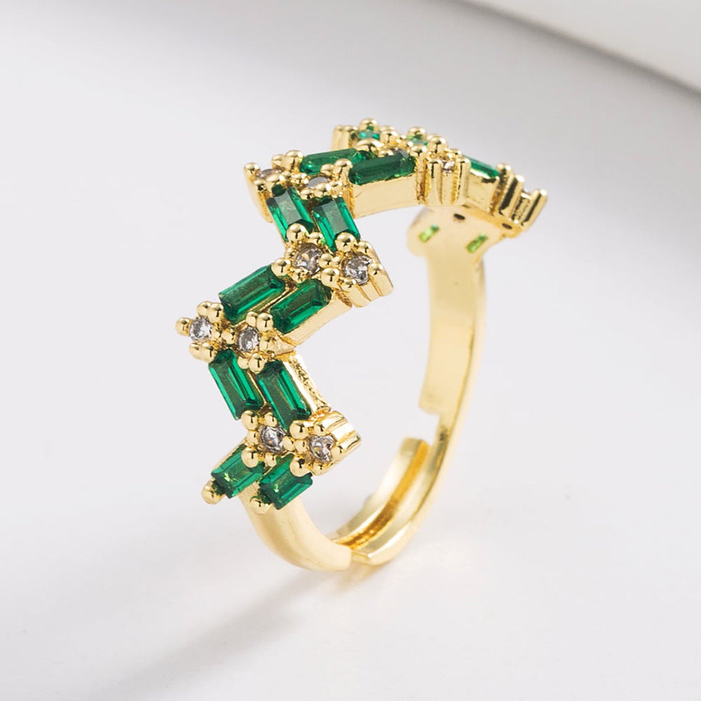 Anello Aperto Geometrico Minimalista in Rame con Placcatura Oro 18K e Intarsio Zirconi per Donna