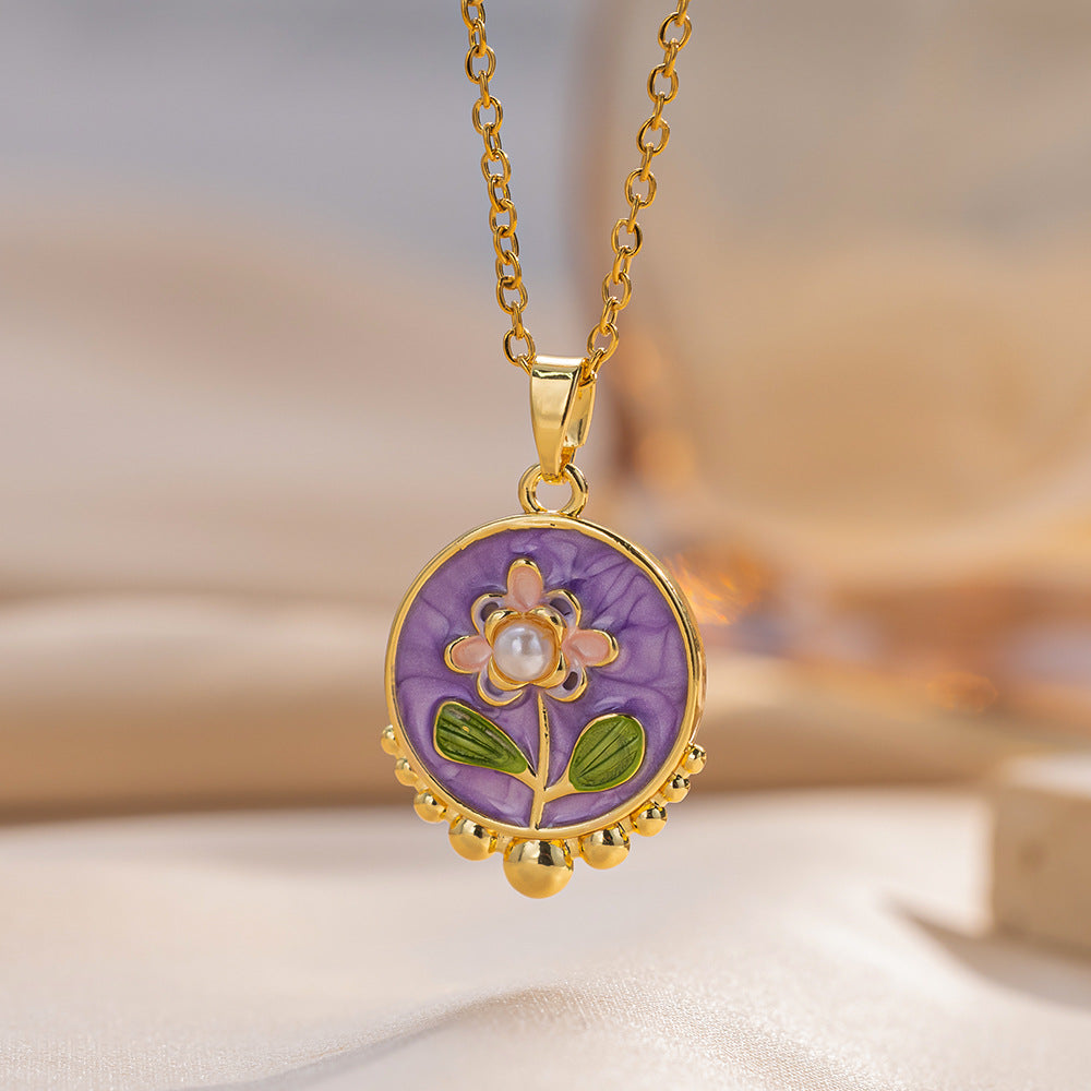 Fashionable Floral Enamel Copper Pendant Necklace for Women with Geometric Shape Titanium Steel Chain and O-Chain Style