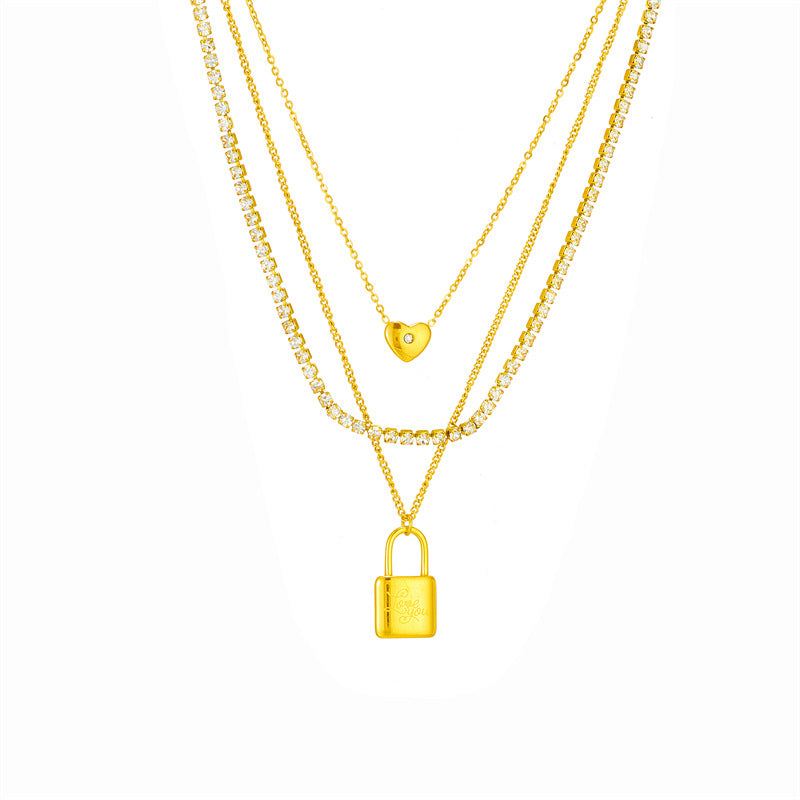 Collar con colgante de candado multicapa minimalista punk con forma de corazón en acero de titanio con acabado chapado