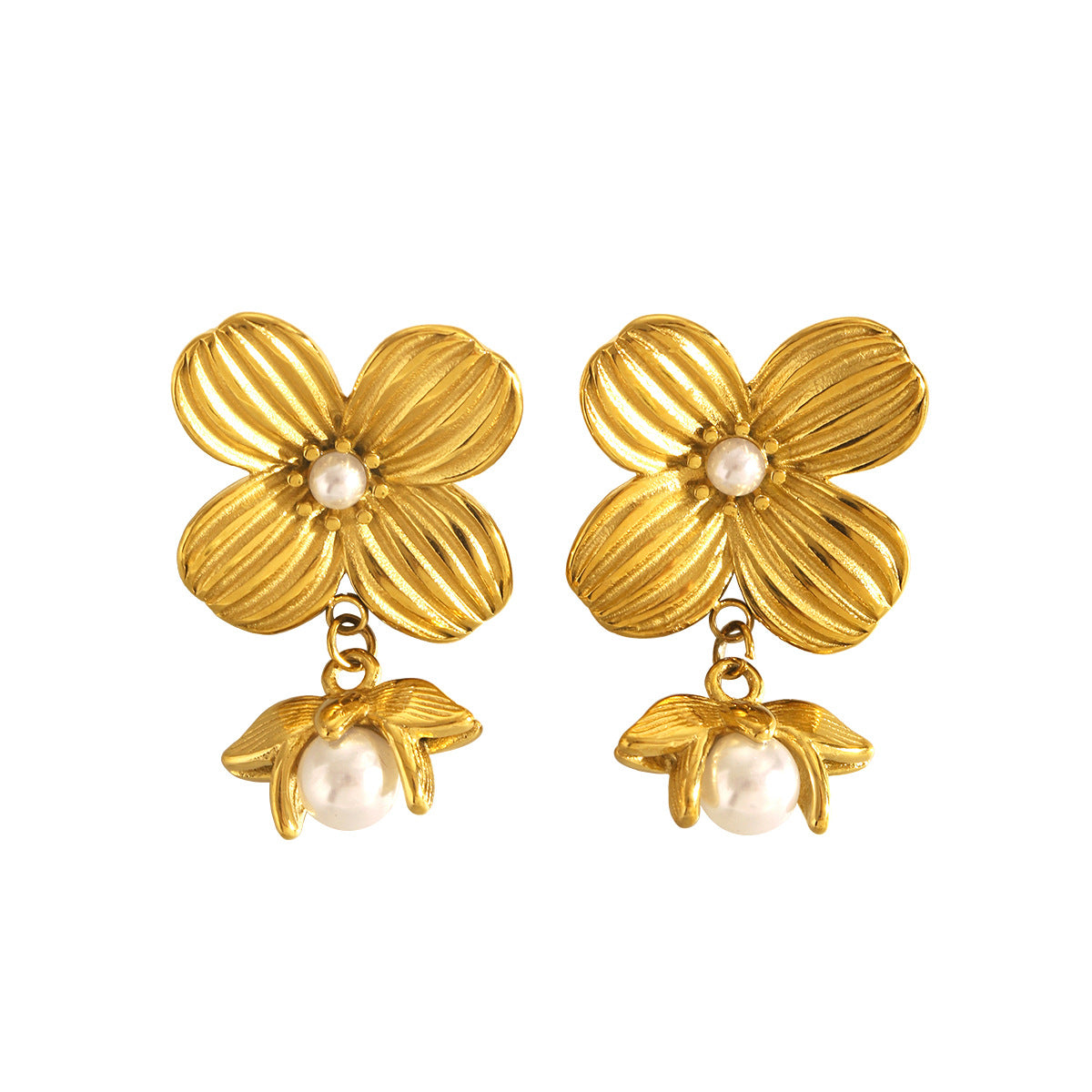 Orecchini da donna vintage floreali geometrici in acciaio inossidabile con placcatura in oro 18 carati e perle