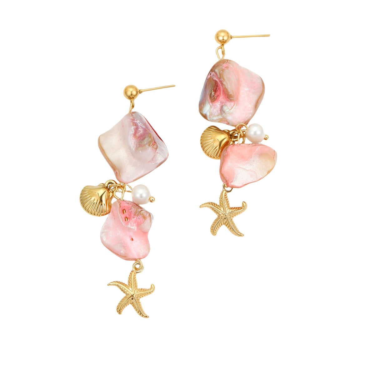 Pendientes Minimalistas de Acero Inoxidable con Forma de Estrella de Mar e Incrustación de Concha Rosa para Mujer