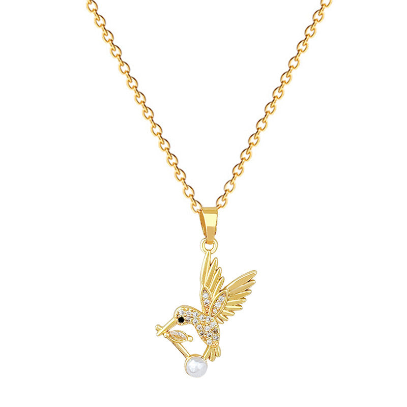 Cartoon Style Swallow-Shaped Pearl Pendant Necklace for Women with Rhinestone Accents on Titanium Steel Chain