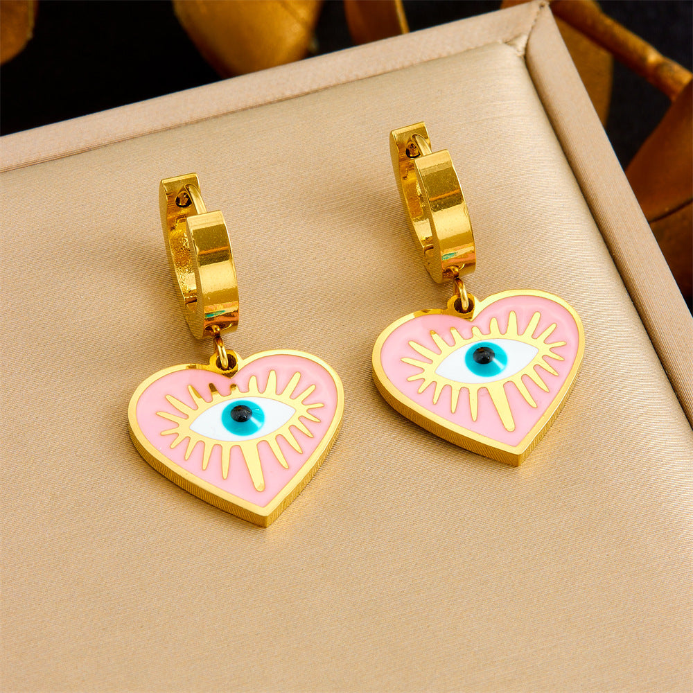Fashion Drip Oil Pink Heart Eye Turquoise Pendant Stainless Steel Necklace Earring Bracelet Set for Women