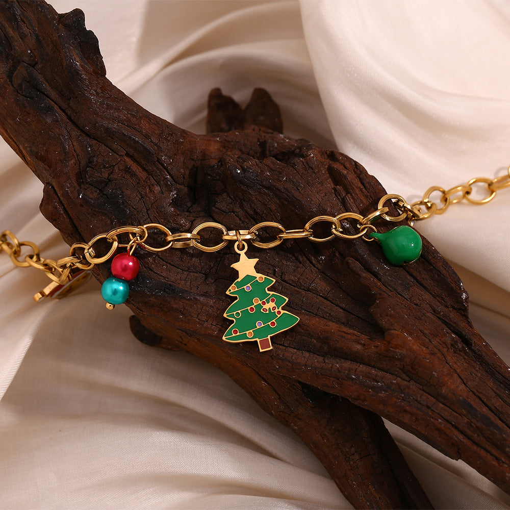 Bracciale con ciondolo a campana a forma di albero di Natale alla moda per donna, in acciaio inossidabile placcato oro 18 carati, catena fatta a mano