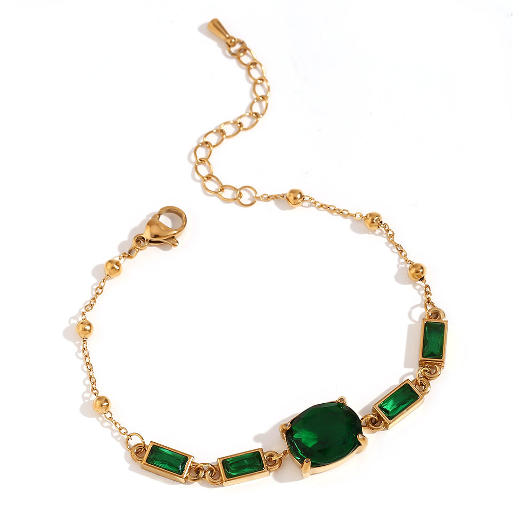 Pulsera de circonita ovalada y rectangular minimalista de moda para mujer en acero inoxidable con baño de oro de 18 quilates