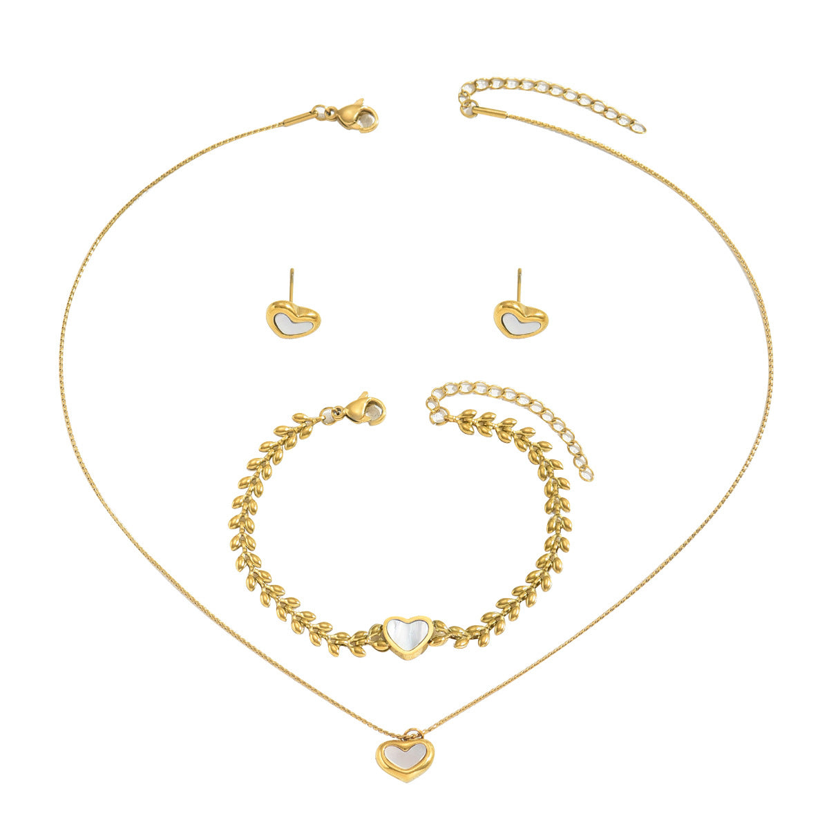 Encantador conjunto de pulsera, collar y pendientes de perlas y nácar en forma de corazón, de cobre con acabado micropavé.