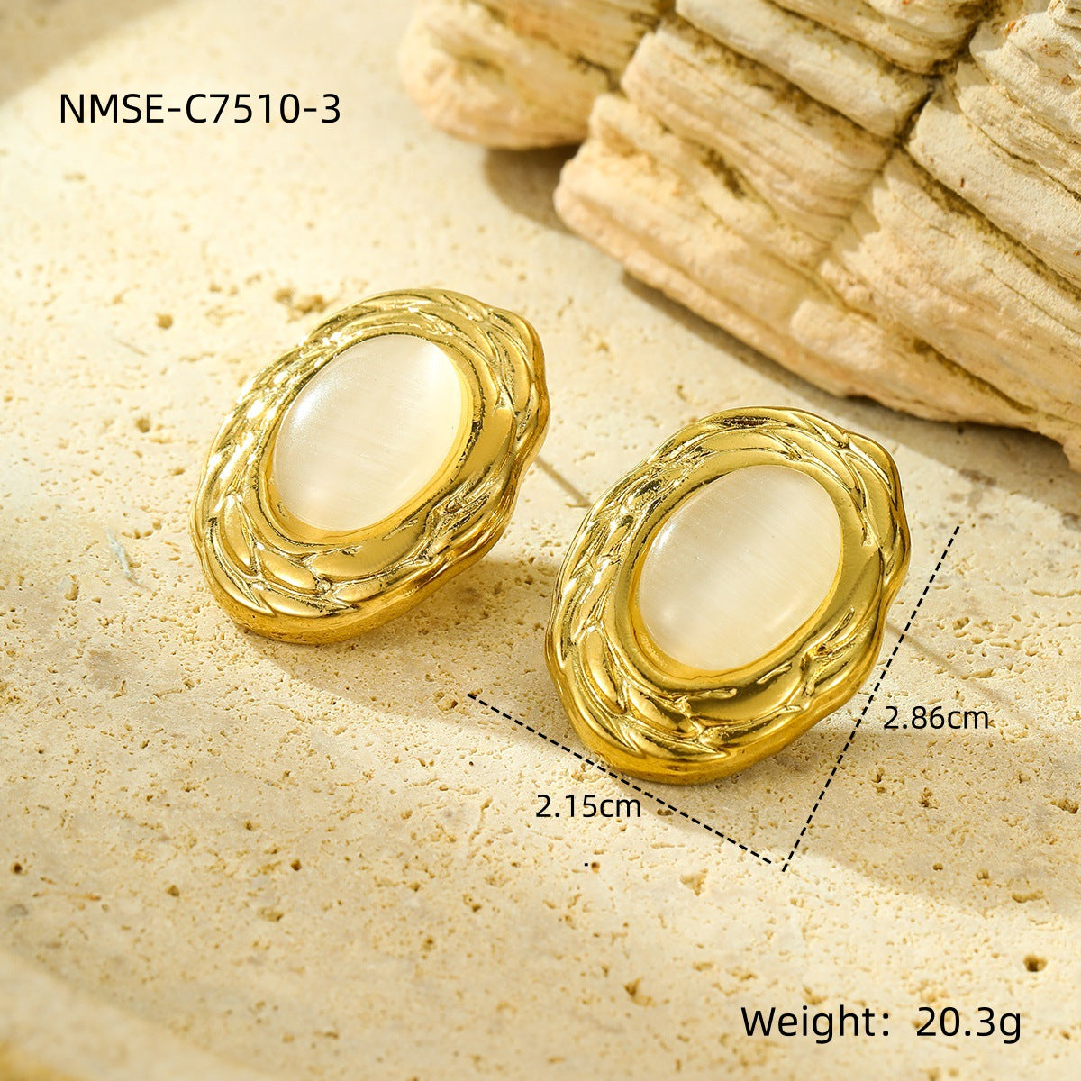 Elegantes pendientes de tuerca de acero titanio con textura ovalada, estilo lujo francés, piedra natural de ojo de gato para mujer