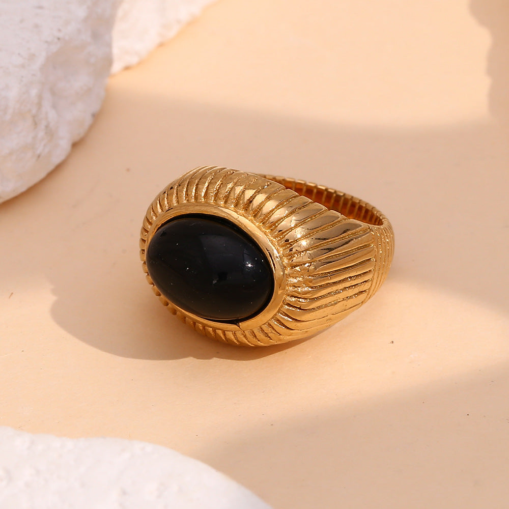 Anello da donna in agata nera placcato oro 18 carati in acciaio inossidabile con geometria in stile vintage