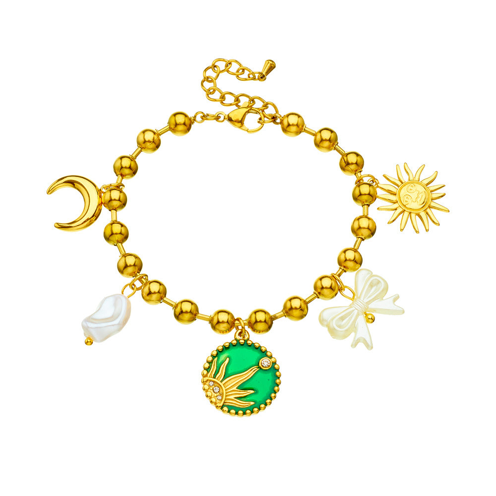 Elegant Gold Plated Drip Oil Round Sun Moon Bow Pearl Pendant Stainless Steel Bracelet for Women