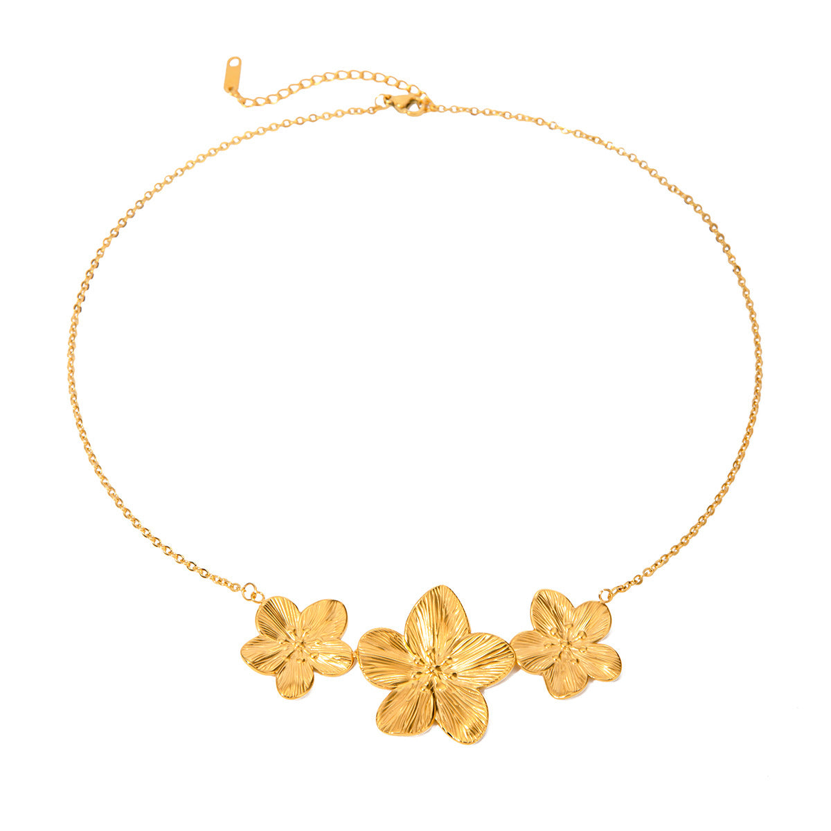Collana con ciondolo a tre fiori in acciaio inossidabile placcato oro 18 carati, stile francese elegante, con catena a maglie ovali