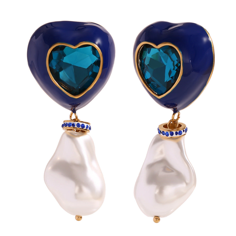 Fashionable Heart-Shaped Stainless Steel Earrings with 18K Gold Plating and Enamel Finish for Women