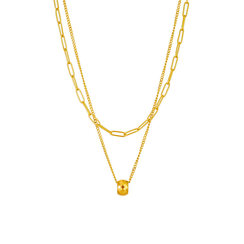 Minimalist Luxury Double-Layer Titanium Steel Necklace with Faceted Round Pendant and Adjustable Chain for Women
