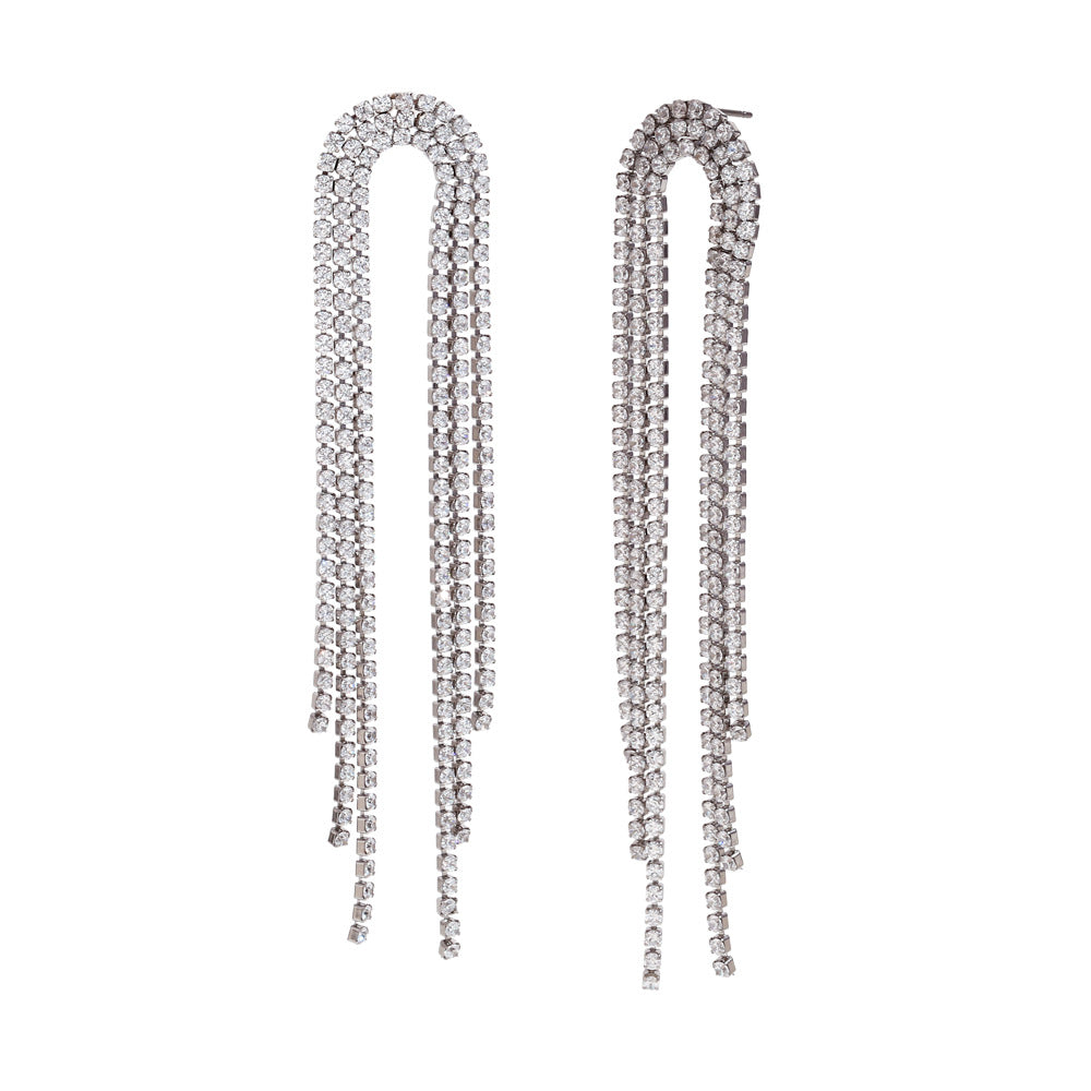Orecchini a polsino geometrici alla moda in acciaio inossidabile con placcatura in oro 18 carati e pendenti a forma di arco con zirconi micro-incastonati da donna