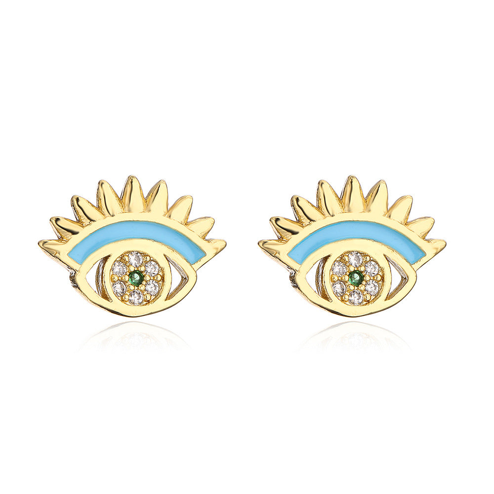 Orecchini a forma di occhio di Horo geometrici da donna realizzati in rame con placcatura in oro vero e finitura smaltata con intarsio di zirconi cubici