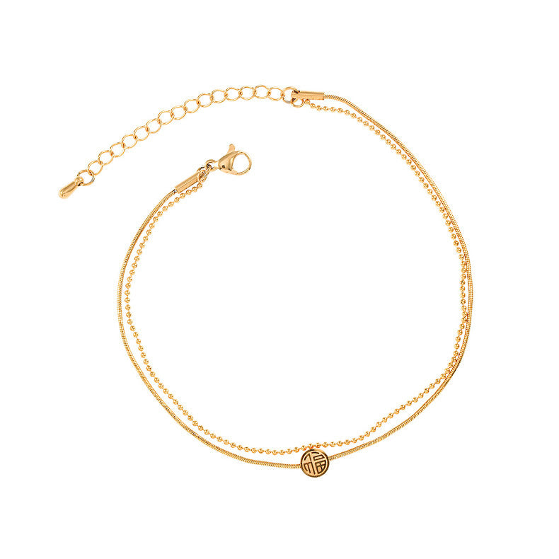 Cavigliera in acciaio al titanio con motivo geometrico in stile etnico da donna, con design a doppio strato e gioielli delicati per i piedi