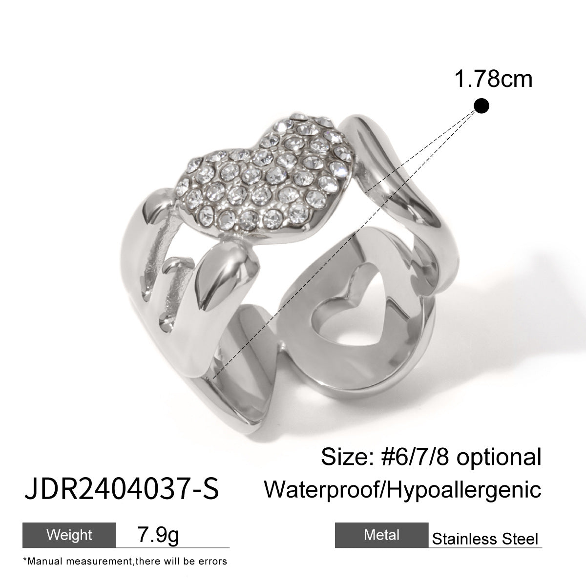 Minimalist 18K Gold Plated Stainless Steel Love Letter Heart Ring with Rhinestone Inlay Unisex