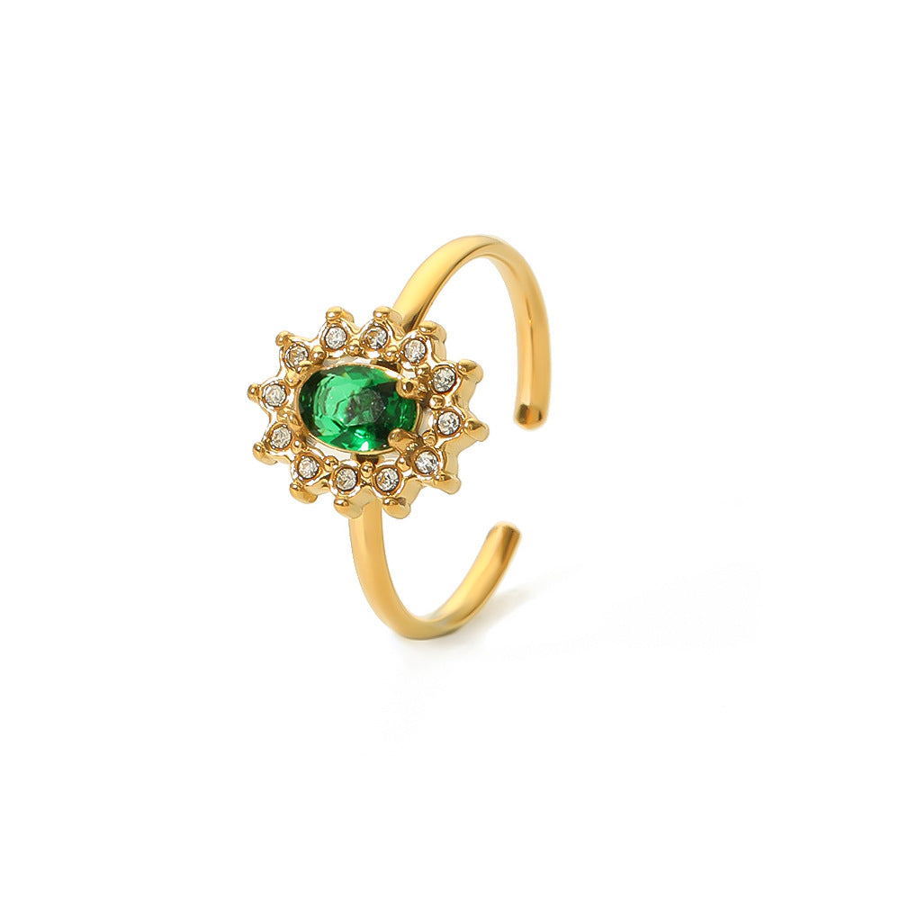 Anello da donna in acciaio inossidabile a forma di girasole minimalista con intarsio in zirconi cubici e placcatura sottovuoto in oro 18 carati