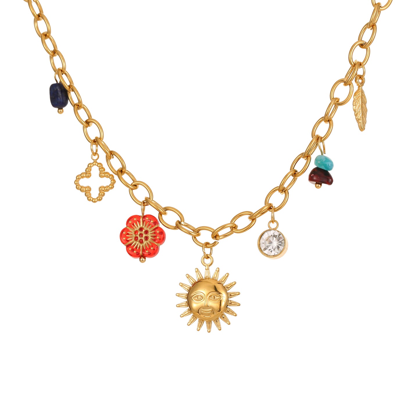 Fashionable Floral and Geometric Sun Pendant Necklace in Stainless Steel with 18K Gold Plating for Women