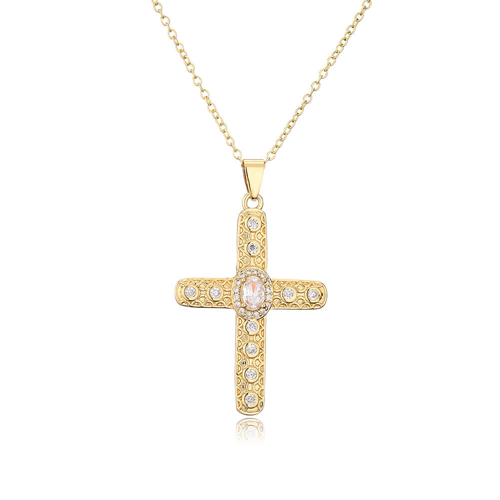 Collana con Pendente a Croce Geometrica Minimalista in Rame con Placcatura in Oro 18K e Intarsi in Zircone