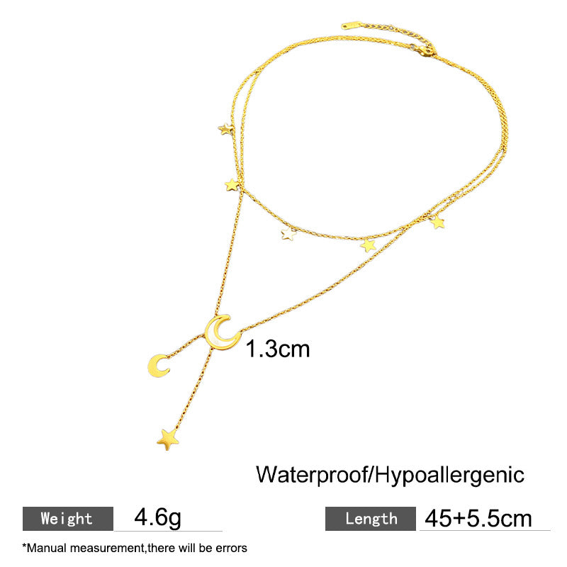Elegant Minimalist Star Moon Titanium Steel Plated Layered Tassel Necklace for Women
