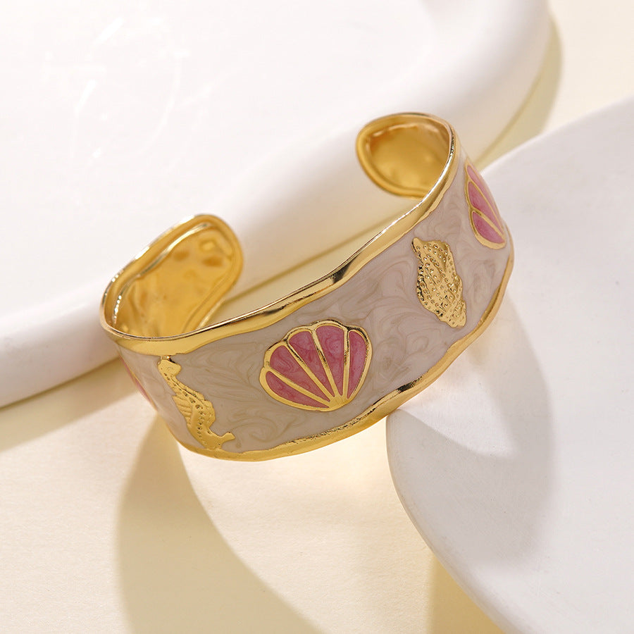 Round Drip Oil Stainless Steel Cuff Bracelet with Shell Conch Ocean Theme