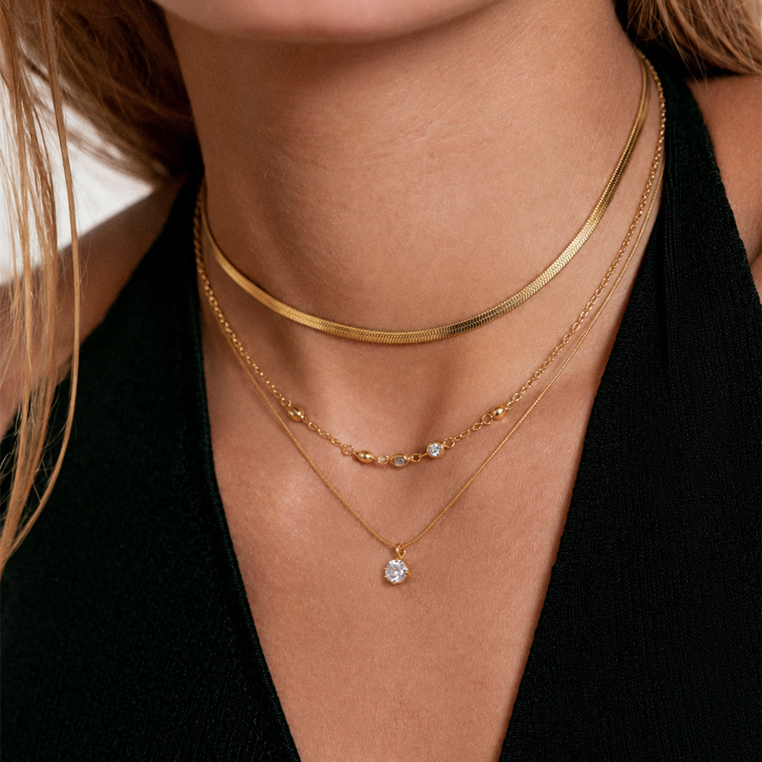 Elegant 18K Gold Plated Stainless Steel Teardrop Cubic Zirconia Pendant Necklace Snake Chain