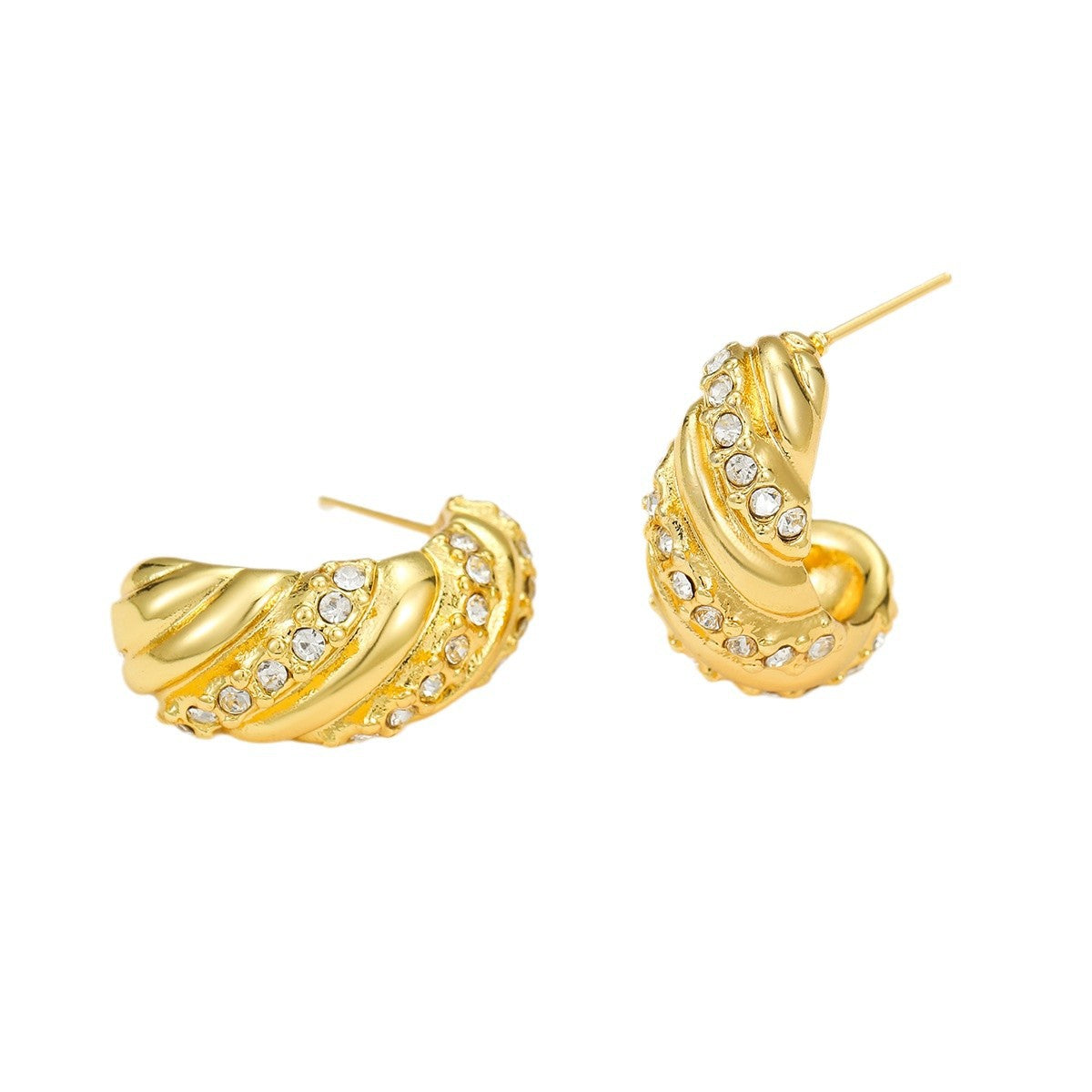 Vintage-Style Horn-Shaped Stainless Steel Ear Studs with Zircon Inlay and Gold Plating for Women