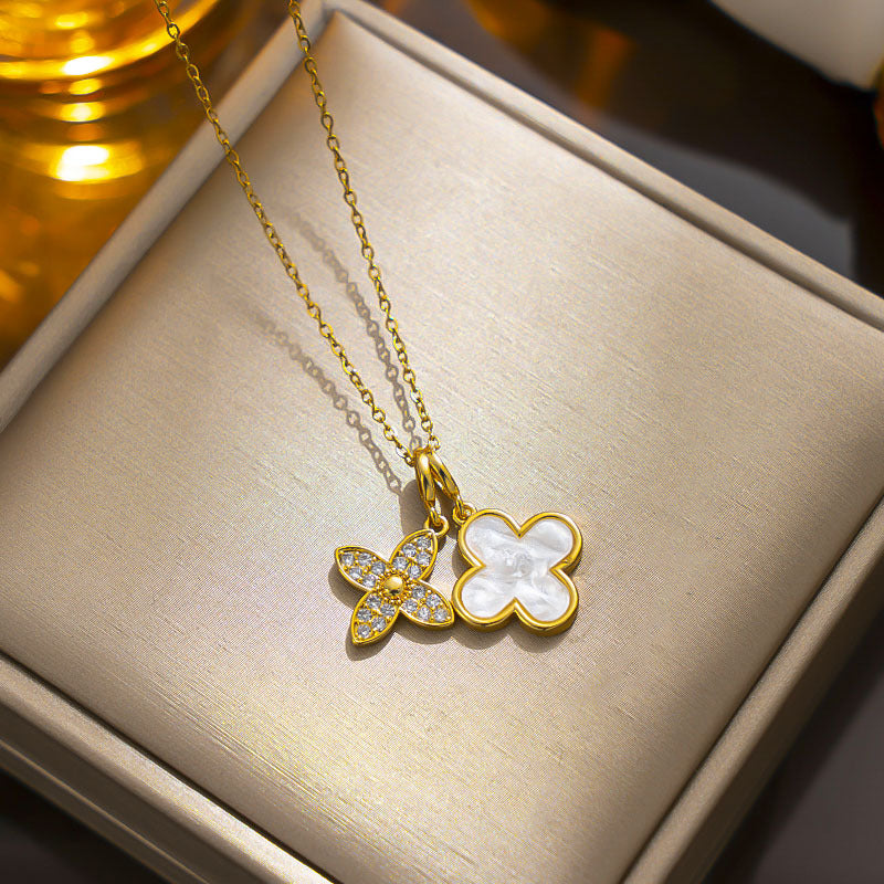 Collana Minimalista a Forma di Quadrifoglio in Acciaio al Titanio con Dettagli in Conchiglia Bianca e Nera, Catena O Elettroplaccata, Ciondolo di Lusso Leggero da Donna
