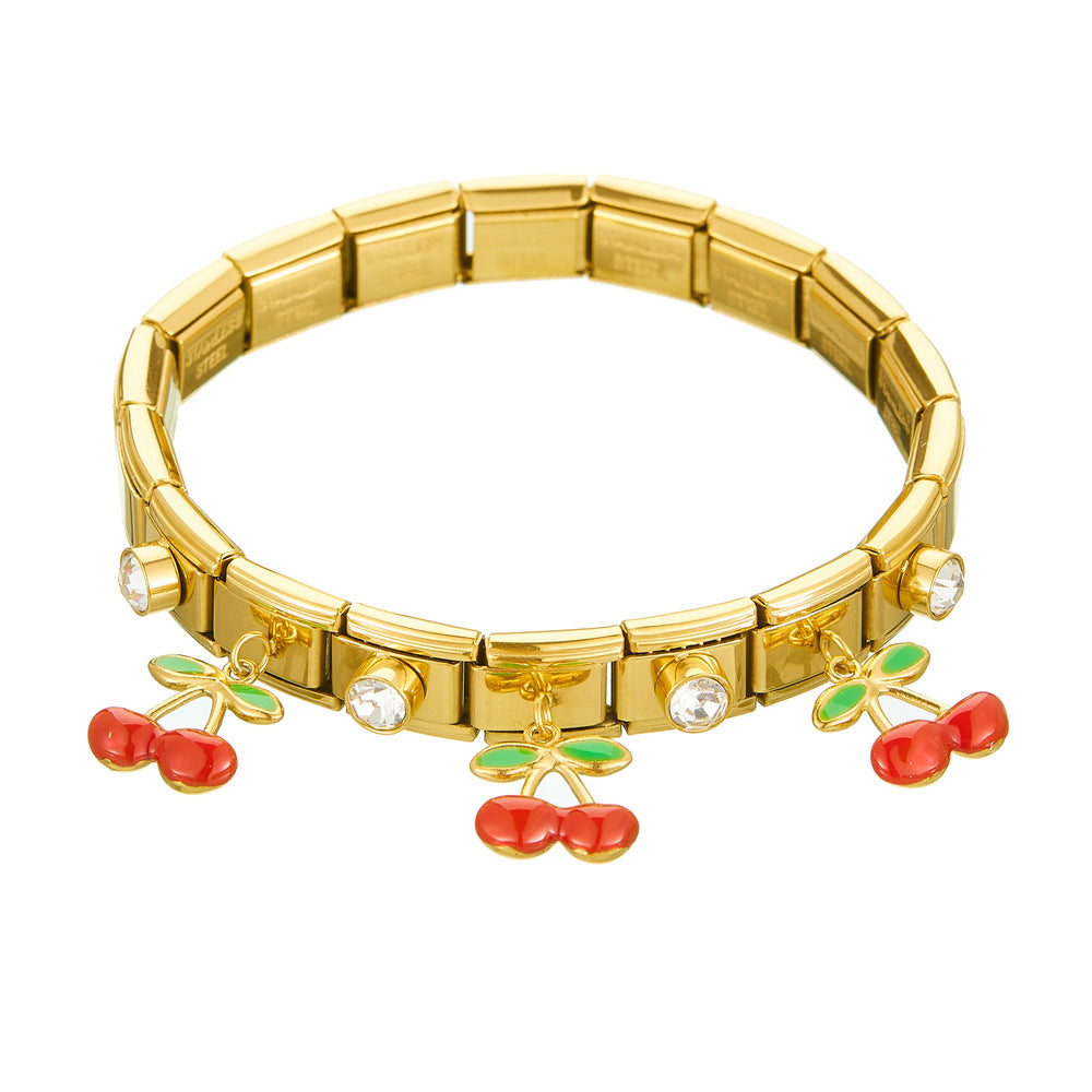 Sweet Cartoon Drip Oil Cherry Rhinestone Plated Stainless Steel Geometric Round Square Bracelet