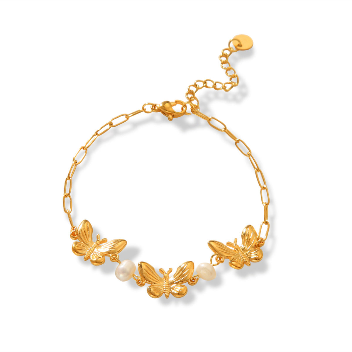 Fashionable 18K Gold Plated Stainless Steel Butterfly Pearl Bracelet for Women