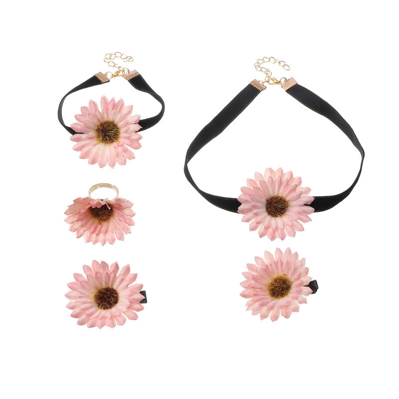 Rustic Floral Daisy Children's Jewelry Set with Hairpin Necklace Bracelet and Ring in Plastic Resin