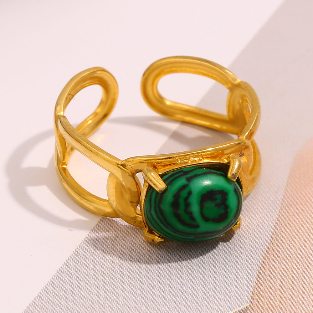 Minimalist Geometric Stainless Steel Plated 18K Gold Malachite Open Ring for Women
