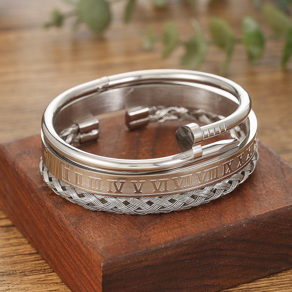 Punk Geometric Round Letter Titanium Steel Plated Open Cuff Bracelet Set for Unisex