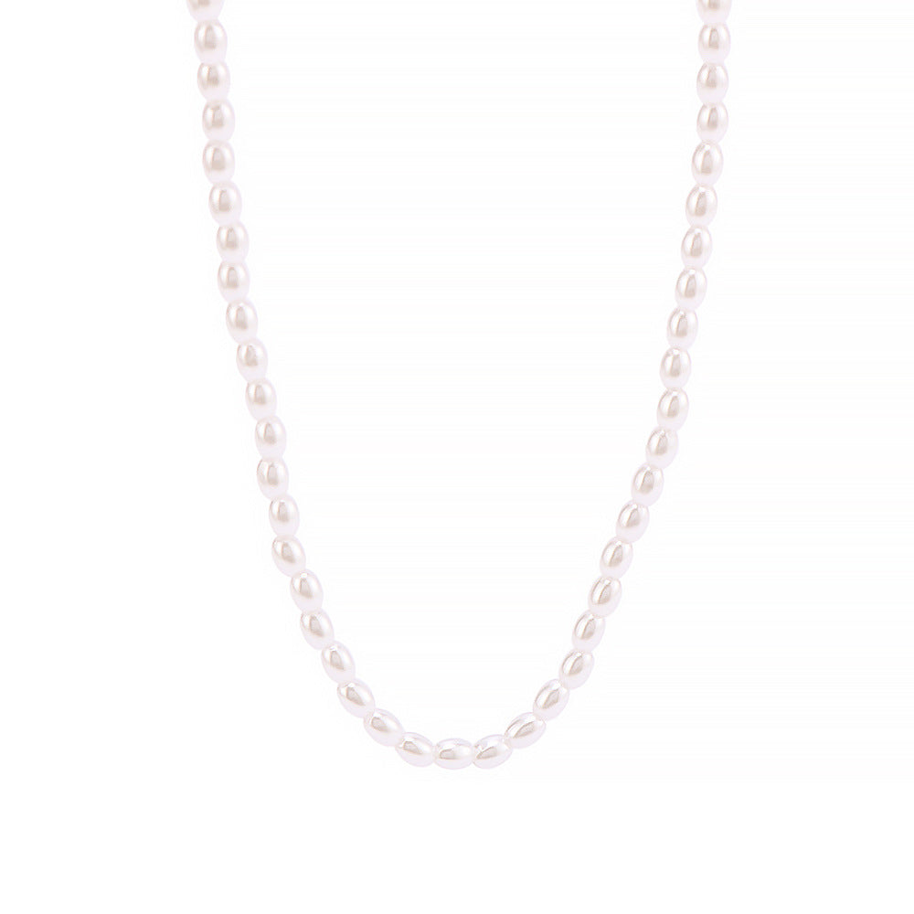 Collana con Pendente Ovale Minimalista in Acciaio Inox Placcato Oro 18K con Perle di Miglio, Stile INS, per Donna