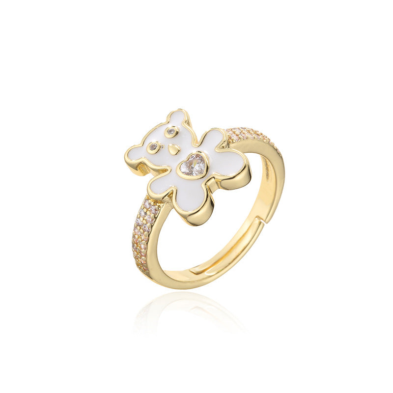 Cute Drip Oil Micro-inlaid Cubic Zirconia Brass Bear Ring for Women