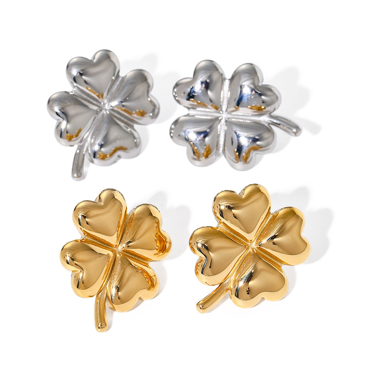 Elegant 18K Gold Plated Stainless Steel Geometric Four-Leaf Clover Stud Earrings for Women