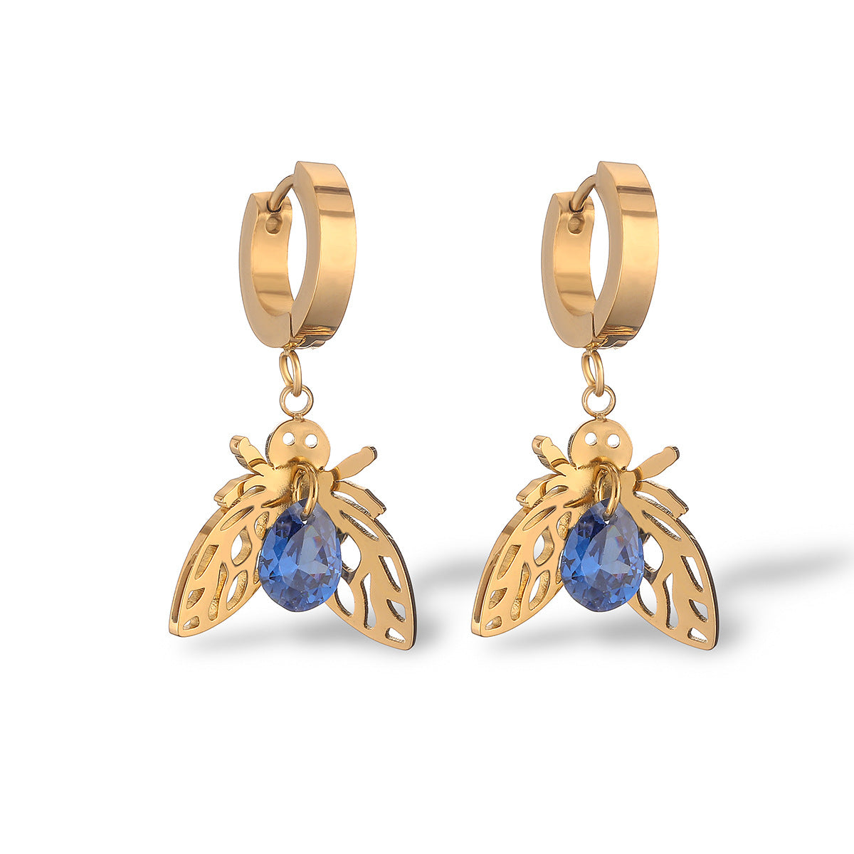 Orecchini minimalisti in acciaio al titanio a forma di ape con placcatura in oro autentico e intarsio di zirconi per donna