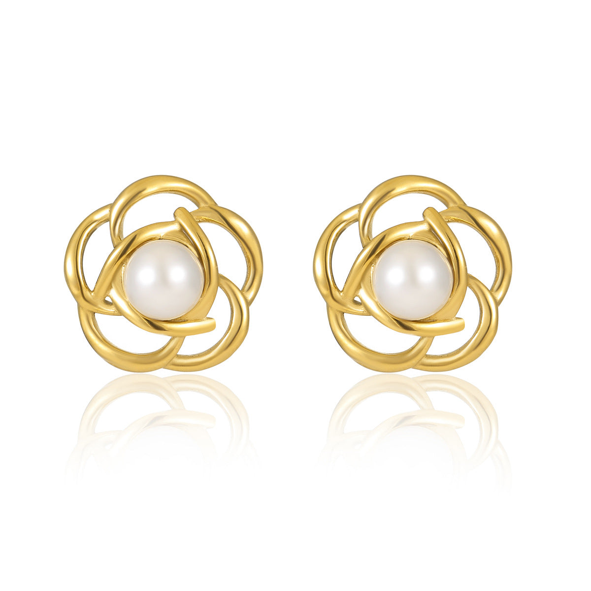 Vintage Style Hollow Flower-Shaped Stainless Steel Earrings with Freshwater Pearl Inlay and 18K Gold Plating
